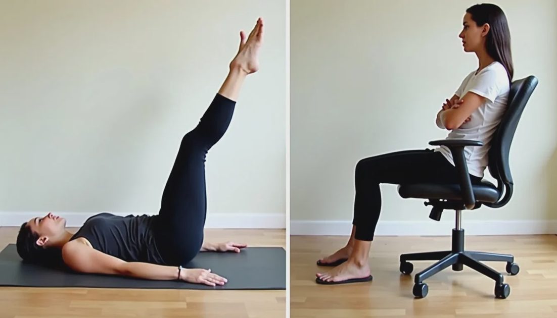 Sequence of glute bridge and sit-to-stand for desk workers