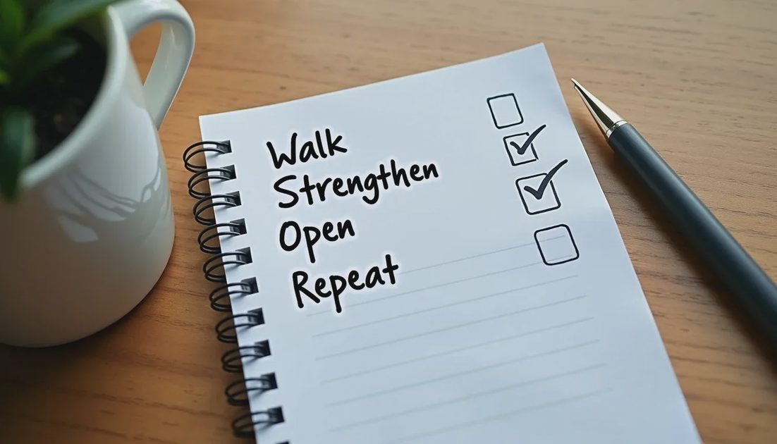 Short checklist for hip comfort: walk, strengthen, open, repeat